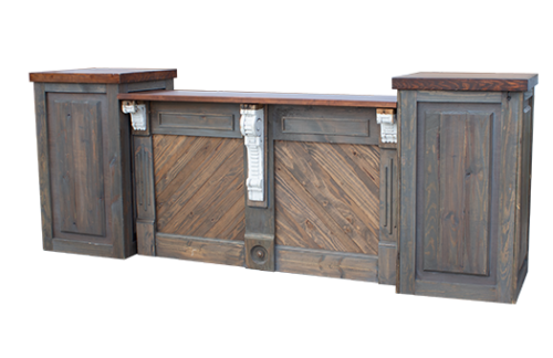 Rustic restoration bar with white corbels, wood panel inserts, and two restoration pedestals with chestnut butcher block countertops