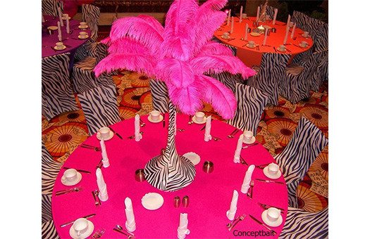 Centerpieces feather palm pink zebra spandex event decor rentals DC Large