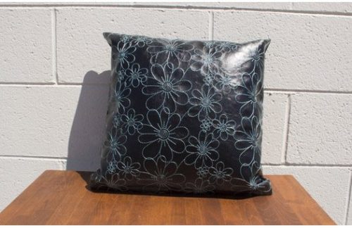 Daisy Doodle Pillow, Leather w/ Teal Stitching