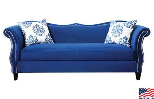stylish blue sofa with curved arms and sweetheart style back great for galas and more