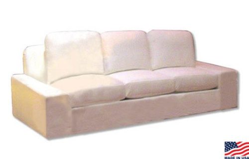 White sofa with large short arms and large pillows great for corporate events and more