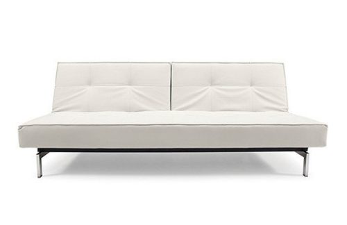 white sofa with folding back and stainless steel legs