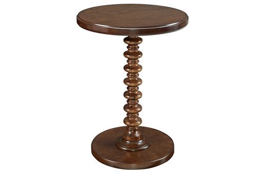 Hazelnut Brown Spindle End Table with round top and bottom and spindle post center perfect for special events