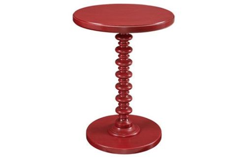 Red Spindle End Table with round top and bottom and spindle post center perfect for special events
