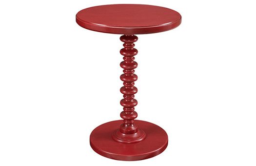 Red Spindle End Table with round top and bottom and spindle post center perfect for special events
