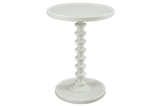 White Spindle End Table with round top and bottom and spindle post center perfect for special events