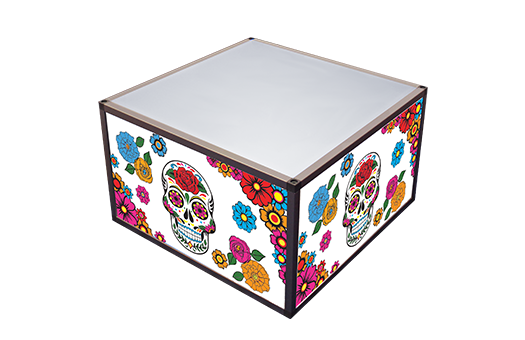 Aluminum Coffee table with aluminum frame, white acrylic top, and colorful day of the dead themed panels