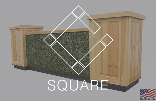 8 foot boxwood hedge pine bar fronts with pine countertops and knotty pine pedestals in a square configuration