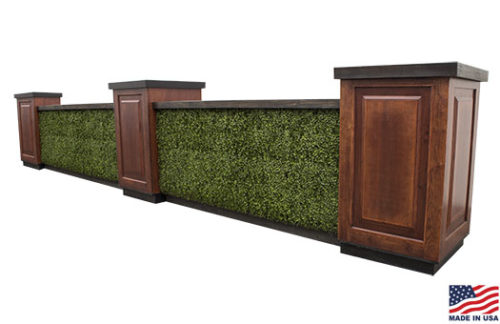 8 foot boxwood hedge mahogany bar fronts with ebony countertops and mahogany pedestals in a square configuration