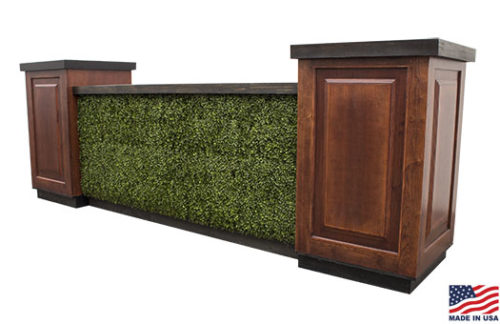 8 foot boxwood hedge mahogany bar fronts with ebony countertops and mahogany pedestals in a square configuration