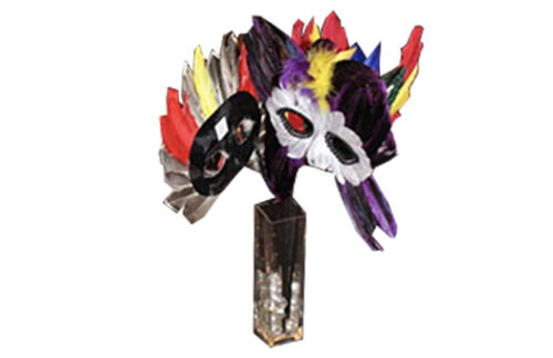 Vase with Feather Masks Centerpiece