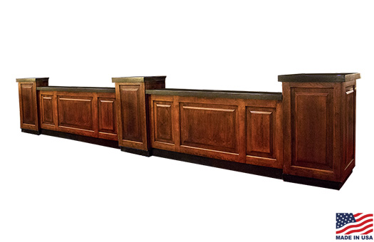 2 8 foot Mahogany bar fronts with ebony countertop and 3 mahogany pedestals great for special events