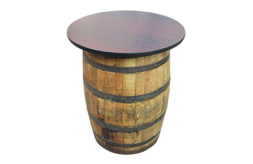 Barrel High Boy Table with rustic wine barrel and stained mahogany round table top perfect for special events