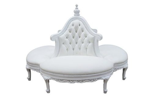 White round boutique sofa with tufted center column and ornate styling and legs great for galas, themed event, and more