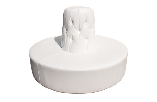 White round sofa with center pedestal with tufting