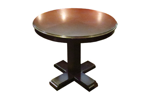 Wood pub table with round top and cross feet with a spindle stem in dark stain great for special event