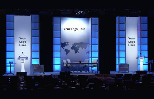 Branded Backdrop with a set of 6 2x2 Lit Window Columns; custom backdrop with lit window columns for corporate events.