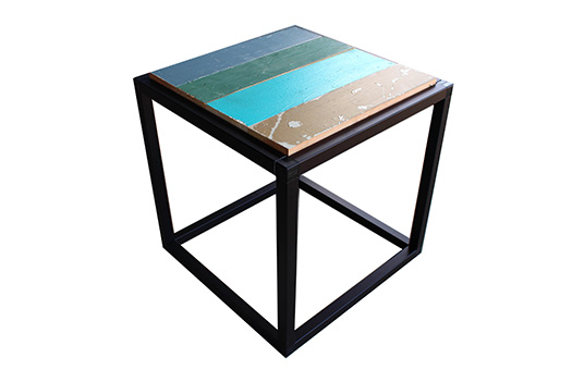 Black aluminum framed end table with colorful reclaimed wood top