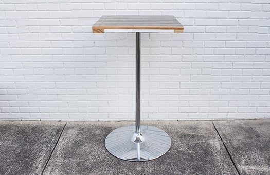 Reclaimed Wood Cocktail High with square wooden top, aluminum stem and circular base which is perfect for special events