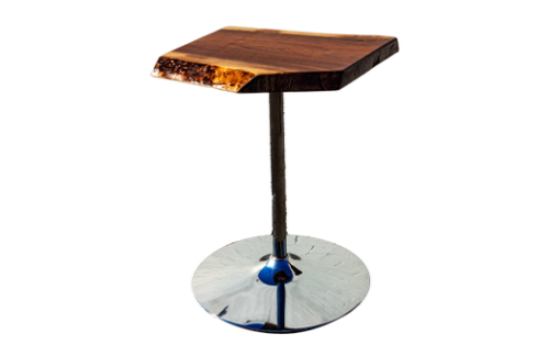Live Edge Cafe Table with Black Walnut wooden top and aluminum stem and circular base