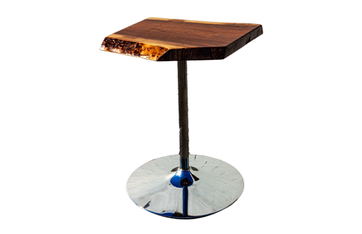 Live Edge Cafe Table with Black Walnut wooden top and aluminum stem and circular base
