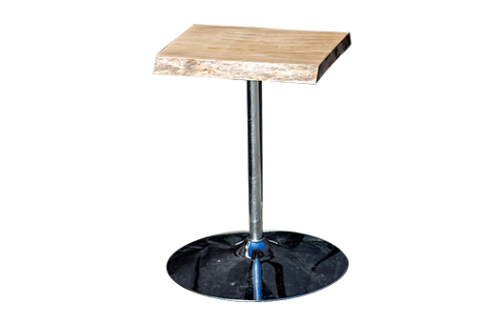 Sycamore live edge cafe table with sycamore top, aluminum post and circular base.