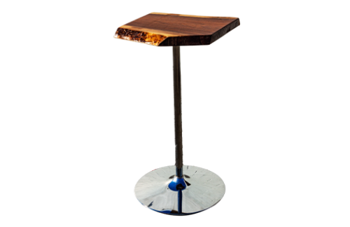 Live Edge Cocktail High Table with Black Walnut wooden top and aluminum stem and circular base