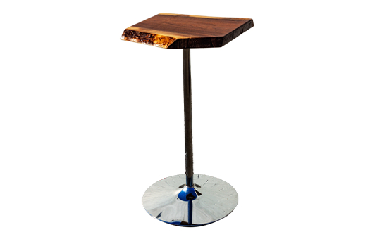 Live Edge Cocktail High Table with Black Walnut wooden top and aluminum stem and circular base