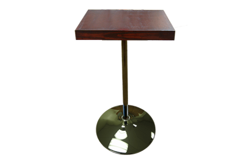 Cocktail High Table with square mahogany stained top, aluminum stem, and circular base great for special events and corporate events