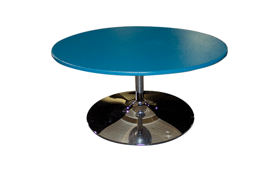 Teal Oval Coffee Table with aluminum stem and circular base
