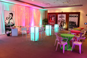 whole room 1970s disco acrylic cocktail high ghost barstool neon linen metro metal chair white 4x8 lit wall white drape lighting fortune 500 100 party dc IMG 9197