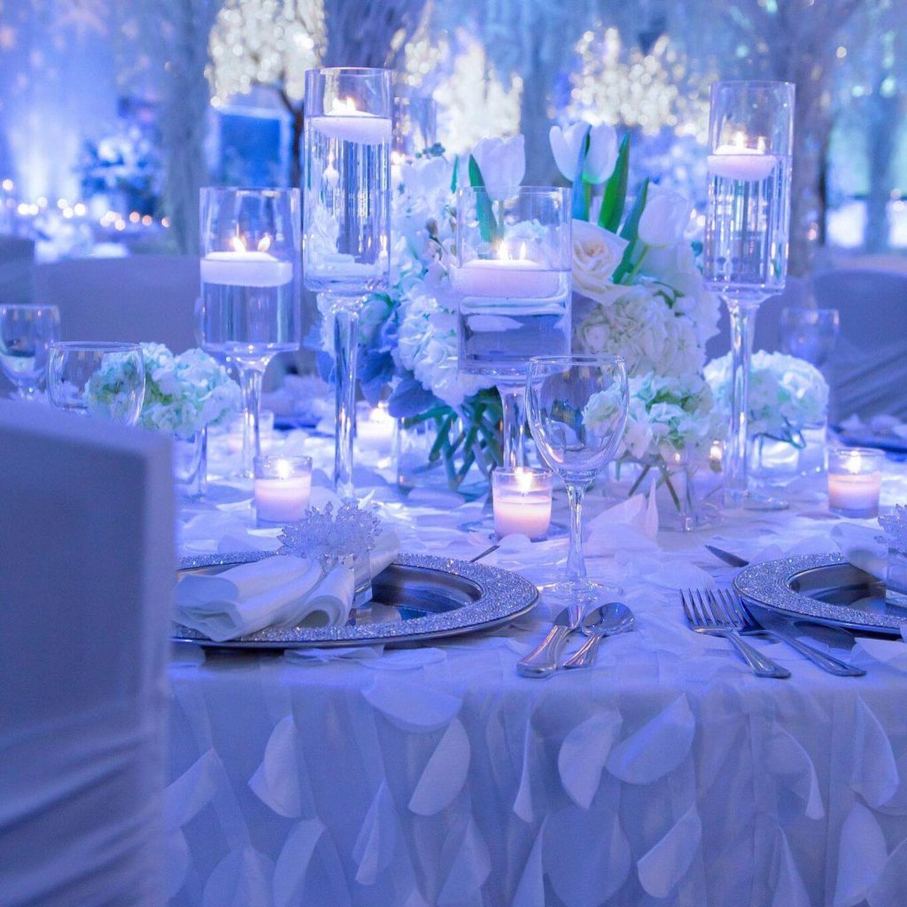 Cold blue lighting and linens for weddings
