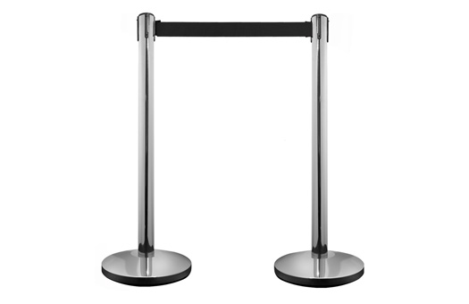 Rope and stanchion with retractable black rope and chrome stanchions