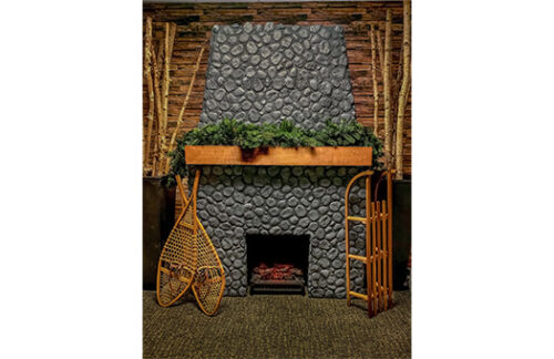 Stone Fireplace Set with Vintage Wood Mantle