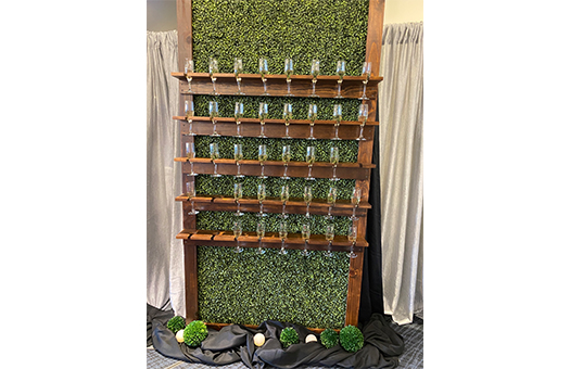 walls boxwood champagne glasses shelves