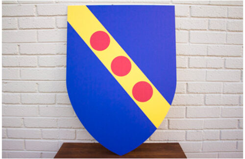 Shield, Blue with Yellow Stripe/Red Dots