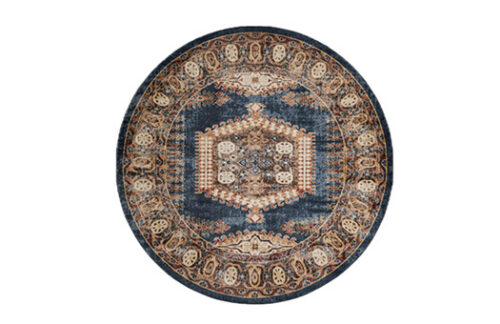 7' Round Bohemian Rug, (Blue, Brown, and Tan)